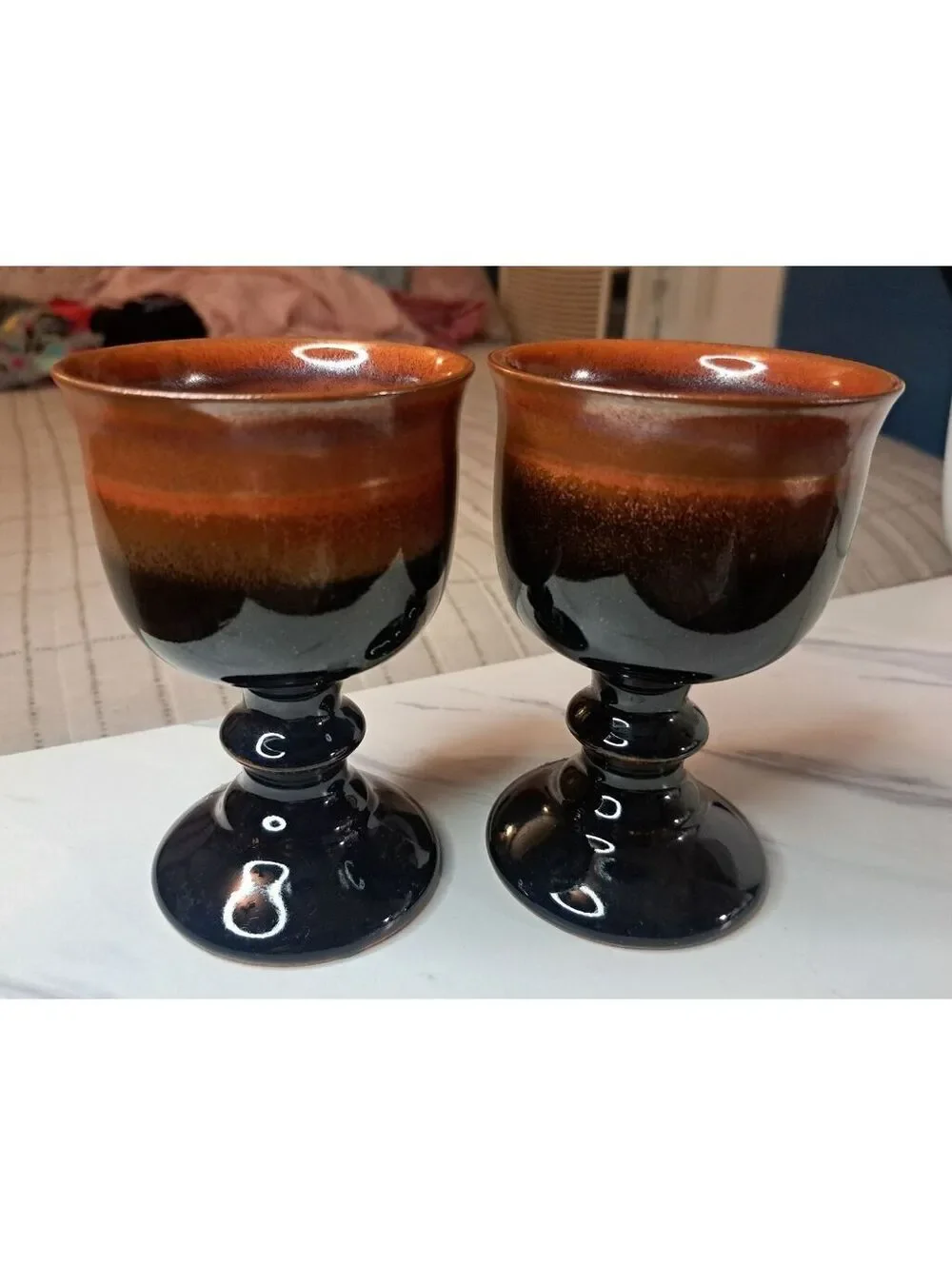 Vintage Set of 2 Mid-Century Japanese Otagiri Stoneware Wine Goblets